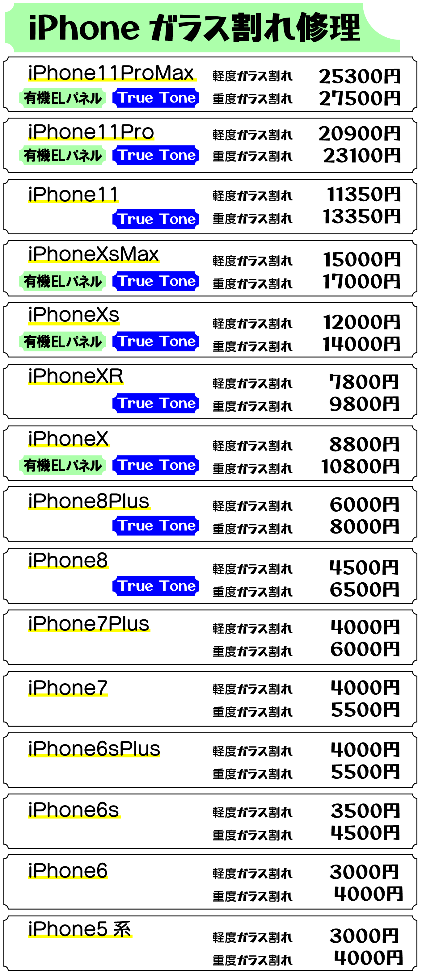 iPhone画面修理価格　スマホ修理屋フレンド北千住店