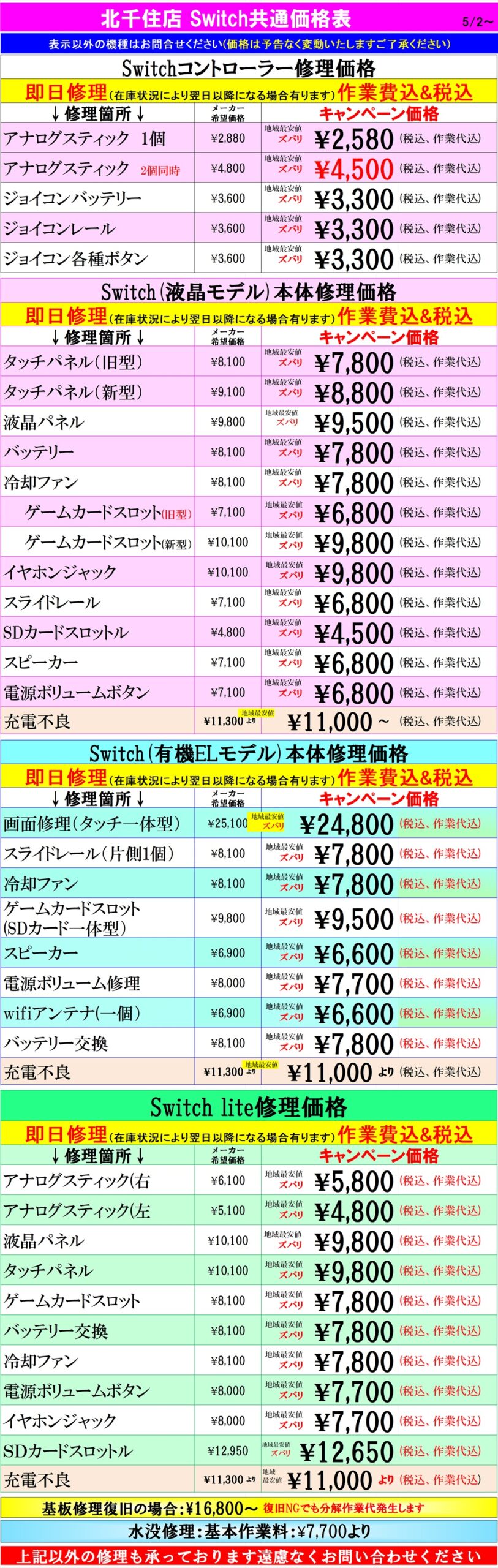 Switch修理は北千住駅西口を出て『千住きたろーど通り』を直進徒歩5分左側にあるドン・キホーテを通り過ぎて大和証券の裏にある、地域最安値、熟練のスタッフが在住している総務省修理登録店、スマホ修理屋フレンドへ